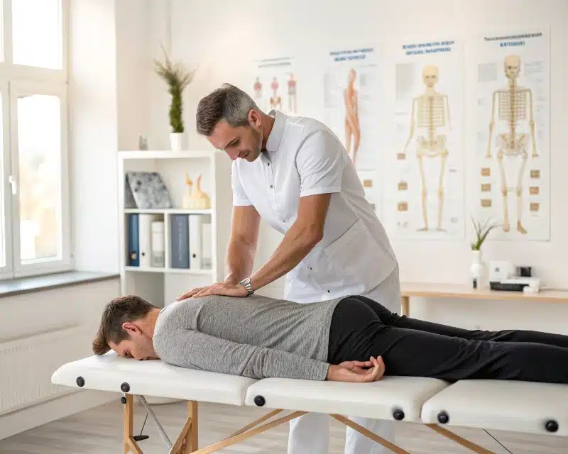 Physiotherapeut in Heppenheim führt manuelle Therapie an der Wirbelsäule eines Patienten durch